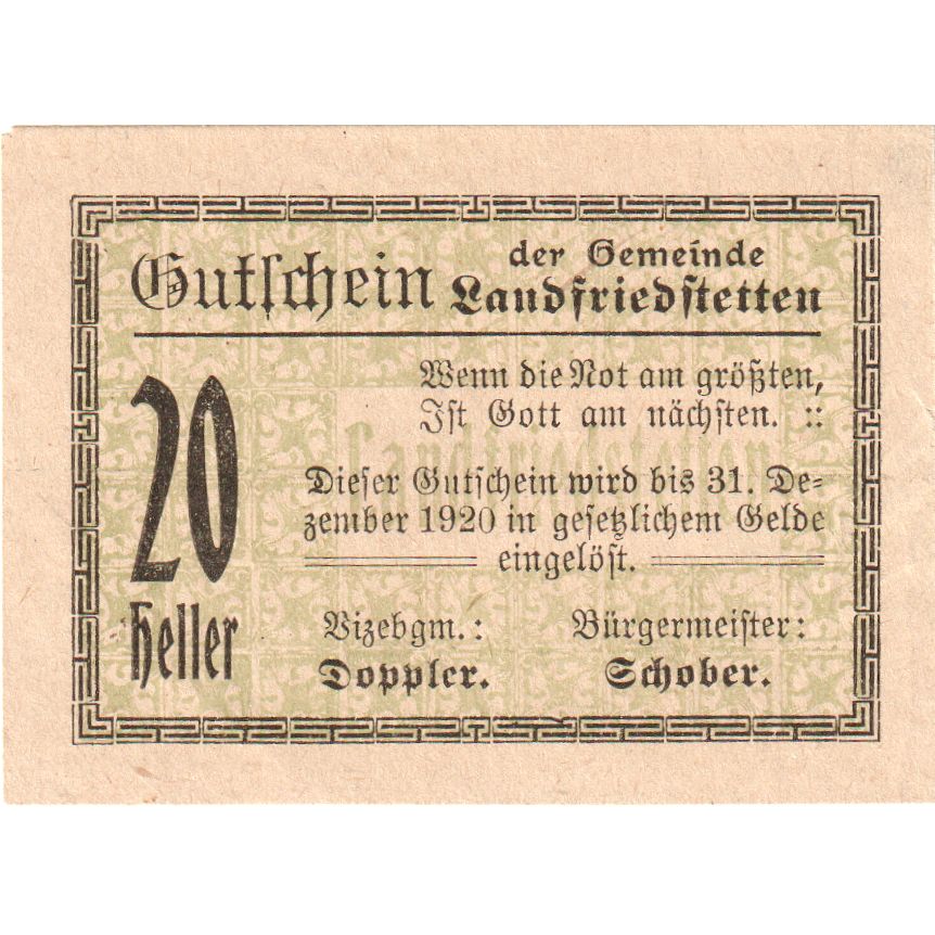 Austria, Landfriedstetten, 20 Heller, 1920-12-31, UNC(63)