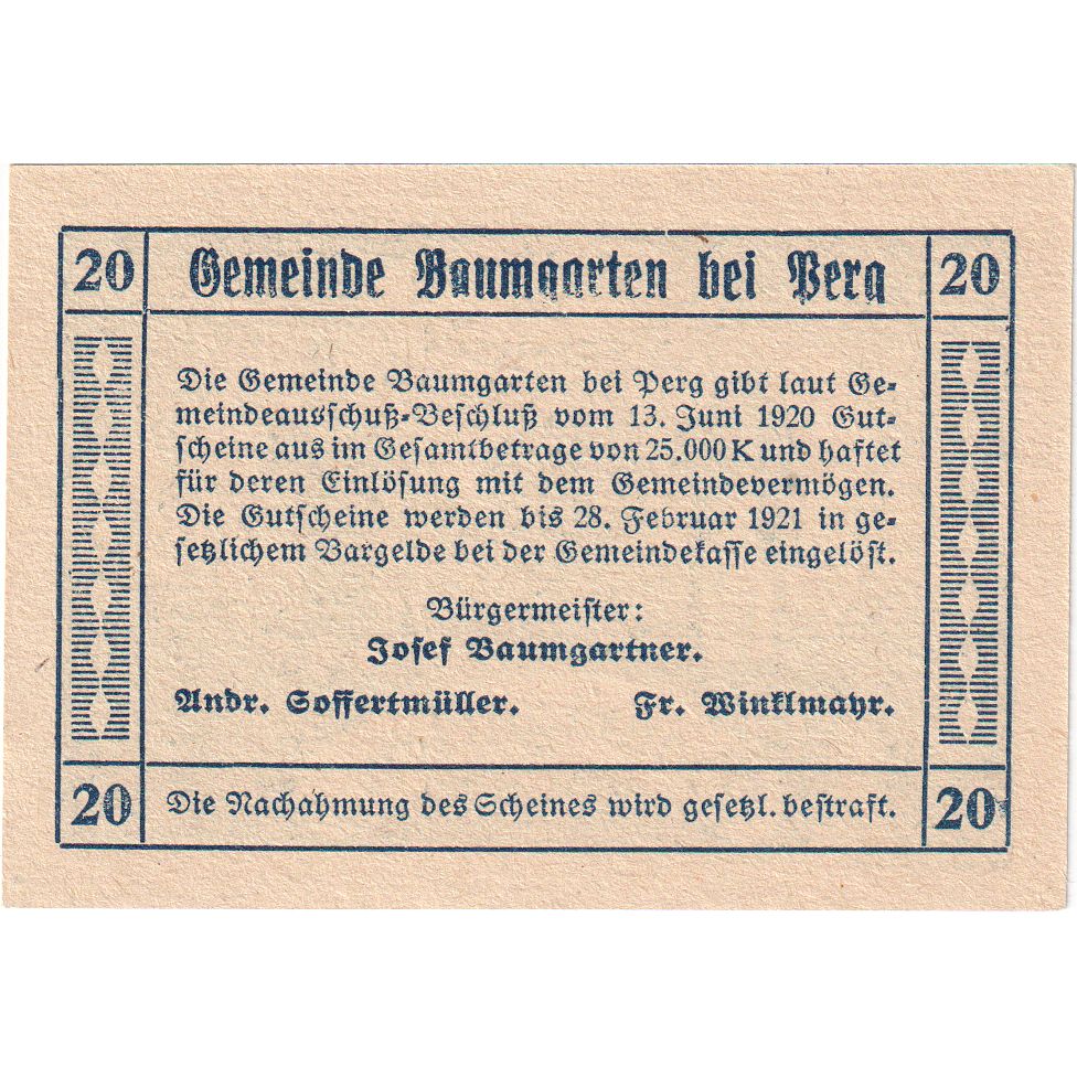 Austria, Baumgarten, 20 Heller, 1921-02-28, UNC(63)