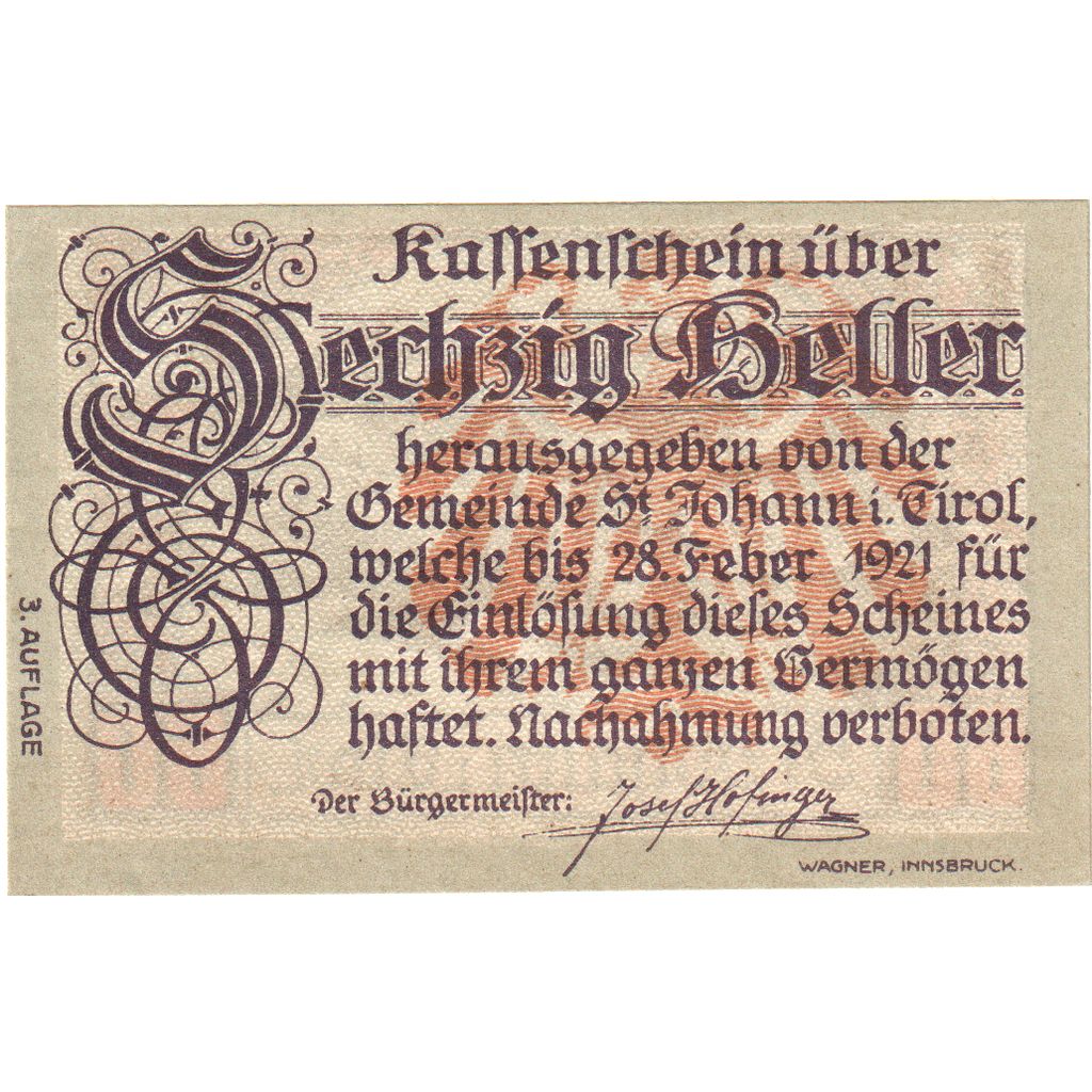 Österreich, St Johann in Tirol, 60 Heller, 1921-02-28, UNZ-
