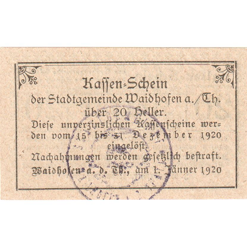 Österreich, Waidhofen an der Thaya, 20 Heller, 1920-12-31, UNZ-