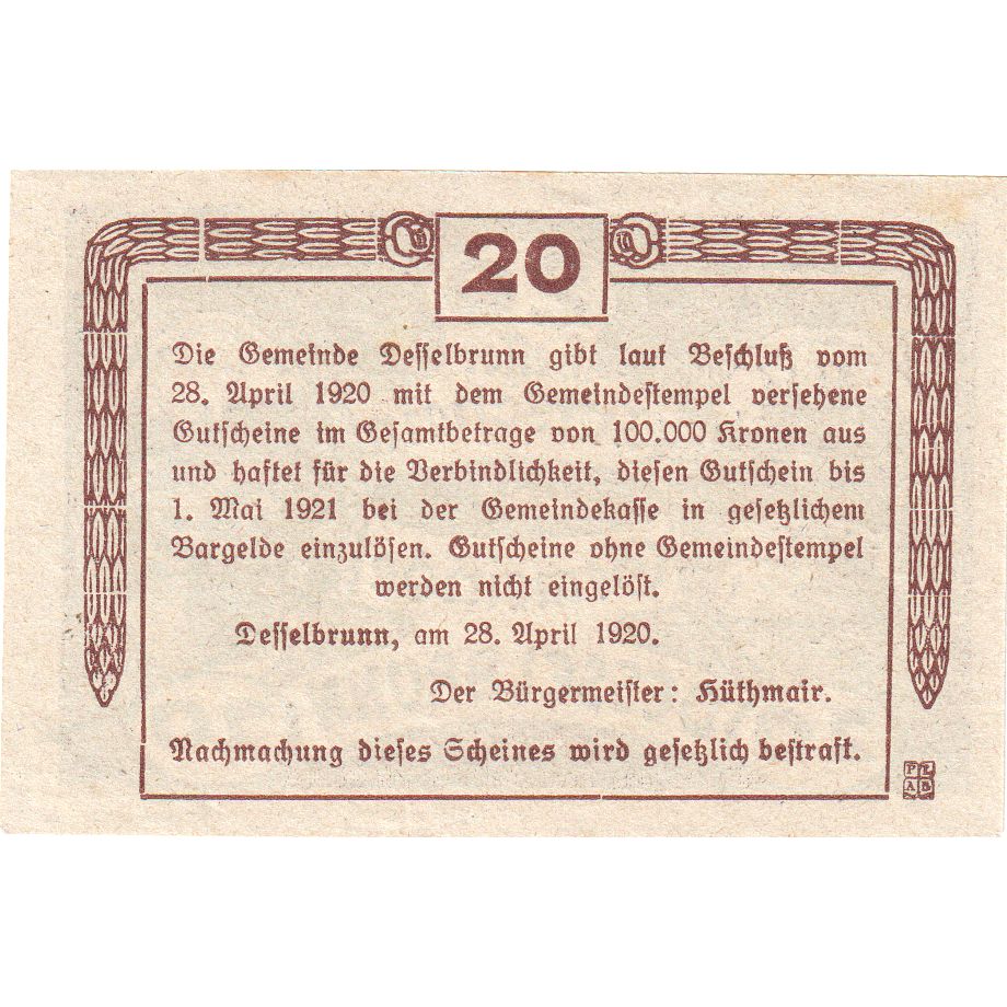 Österreich, Desselbrunn, 20 Heller, 1920-05-01, UNZ-