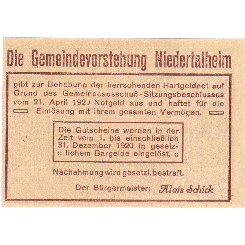 Österreich, Niederthalheim, 20 Heller, 1920-12-31, UNZ-