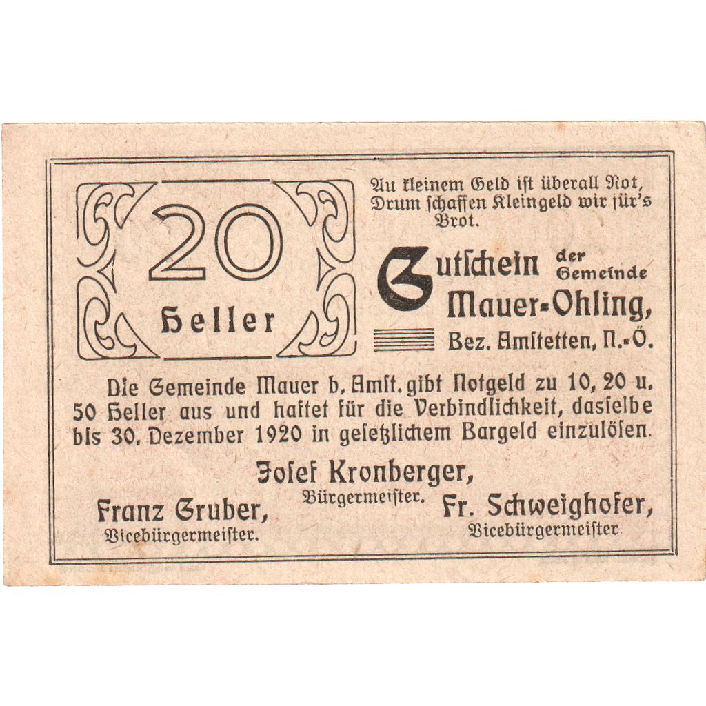 Österreich, Mauer Ohling, 20 Heller, 1920-12-31, UNZ-
