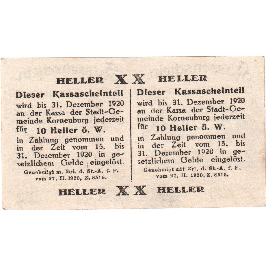 Austria, Korneuburg, 20 Heller, 1920-12-31, SC