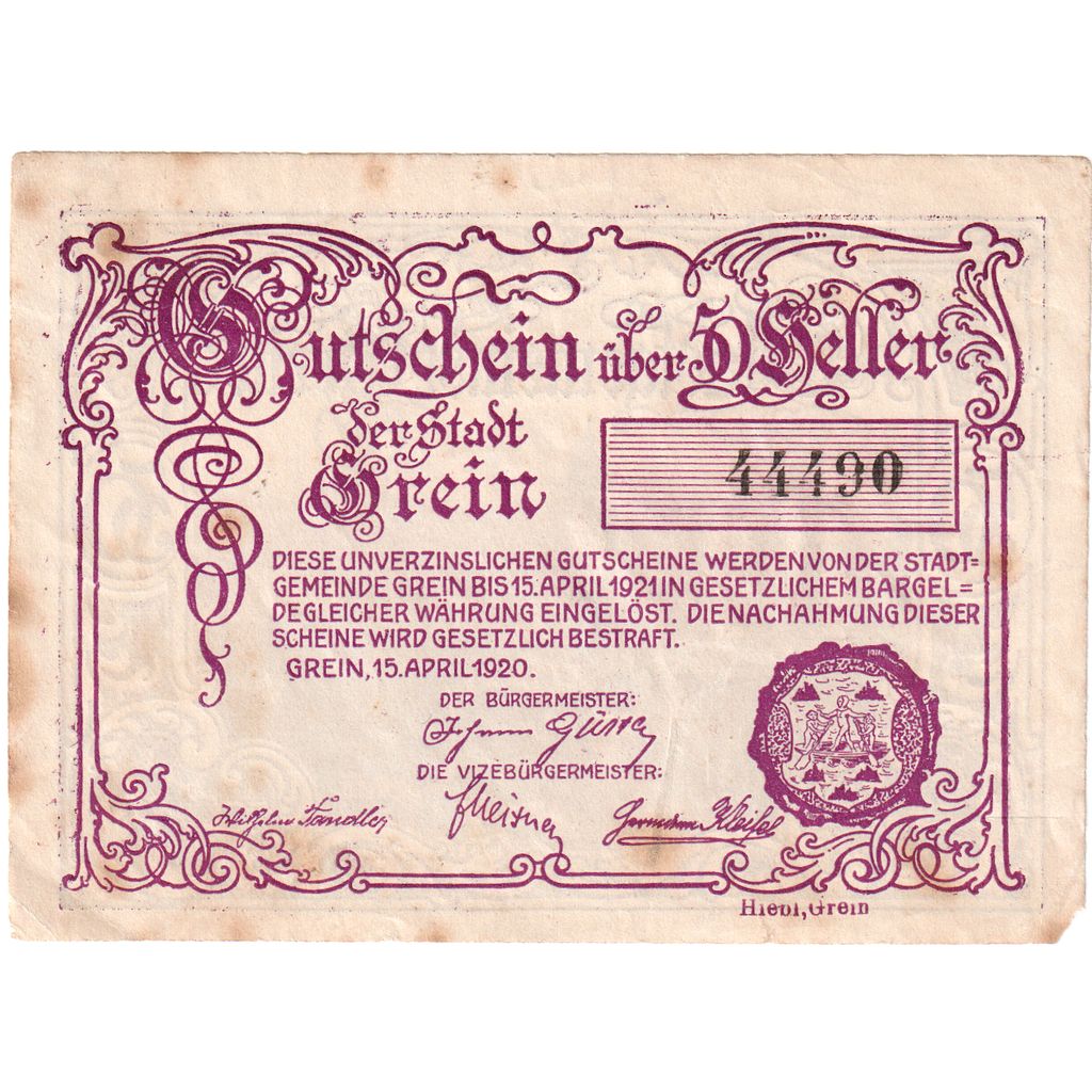 Österreich, Grein, 50 Heller, 1920-04-15, S