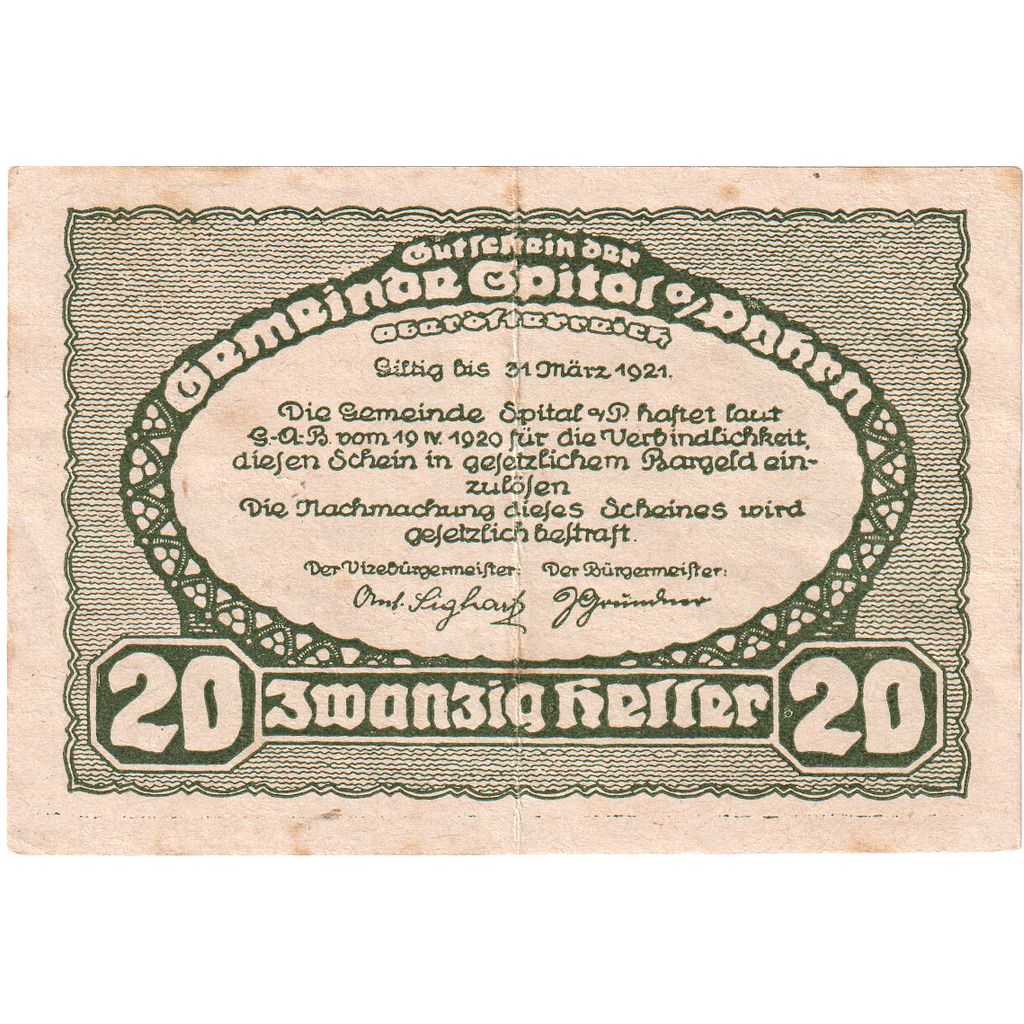 Austria, Spital am Pyhrn, 20 Heller, 1921-03-31, EF(40-45)
