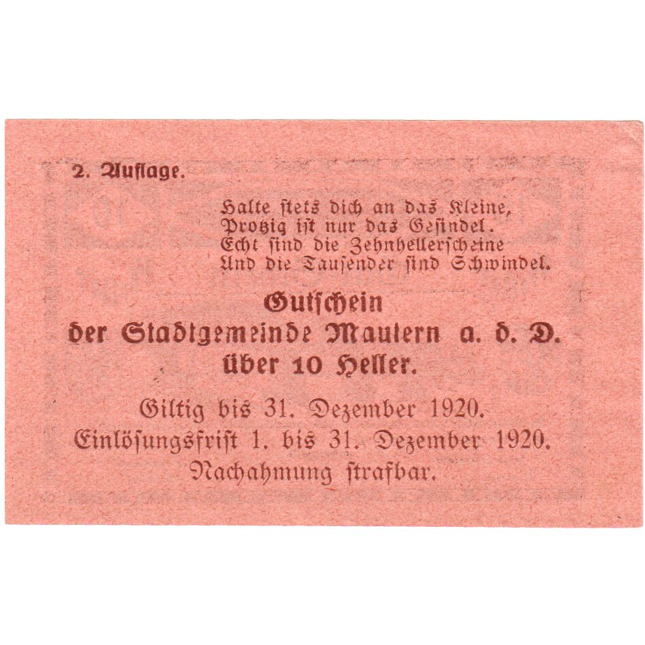 Österreich, Mautern, 10 Heller, 1920-12-31, UNZ-