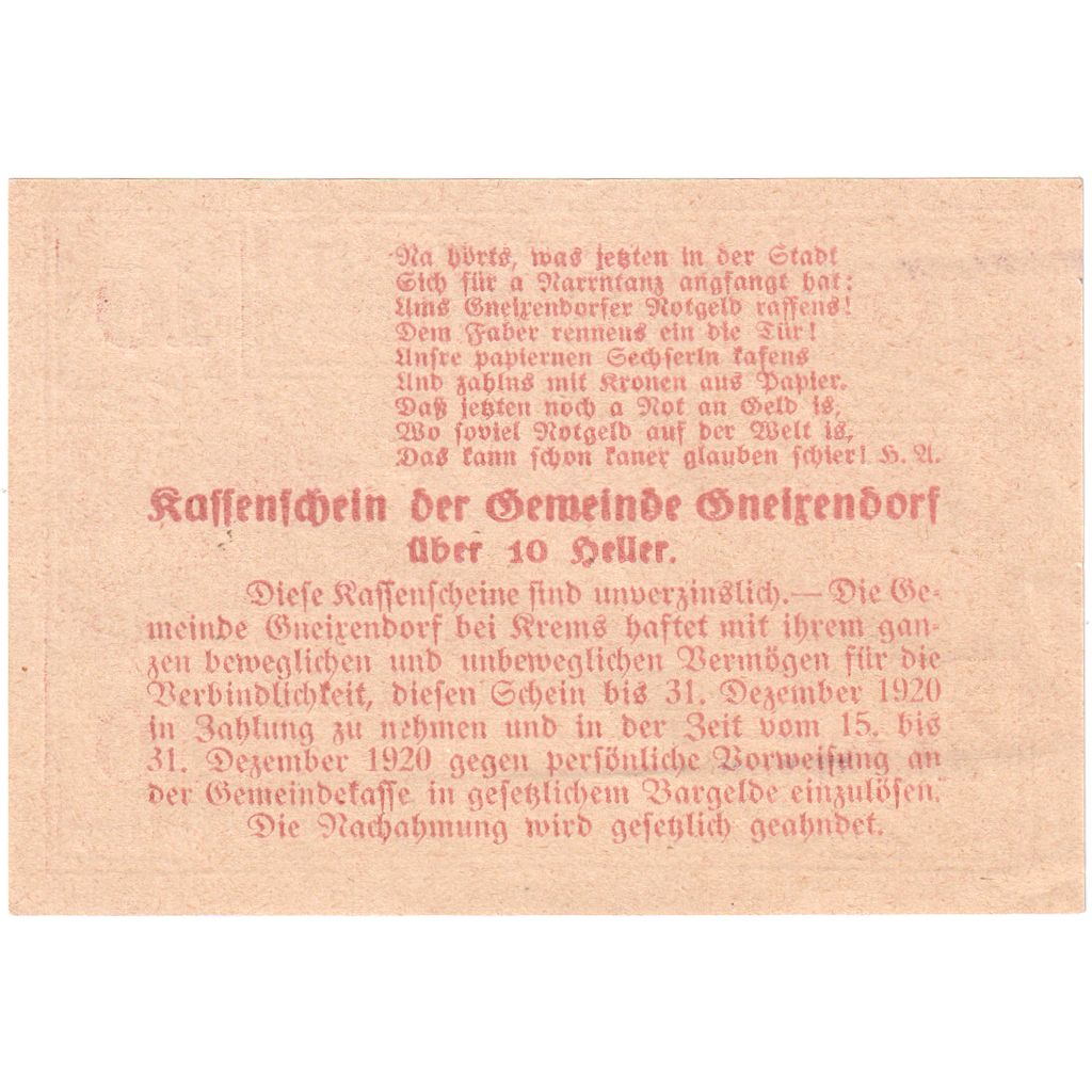 Österreich, Gneixendorf, 10 Heller, 1920-12-31, UNZ-