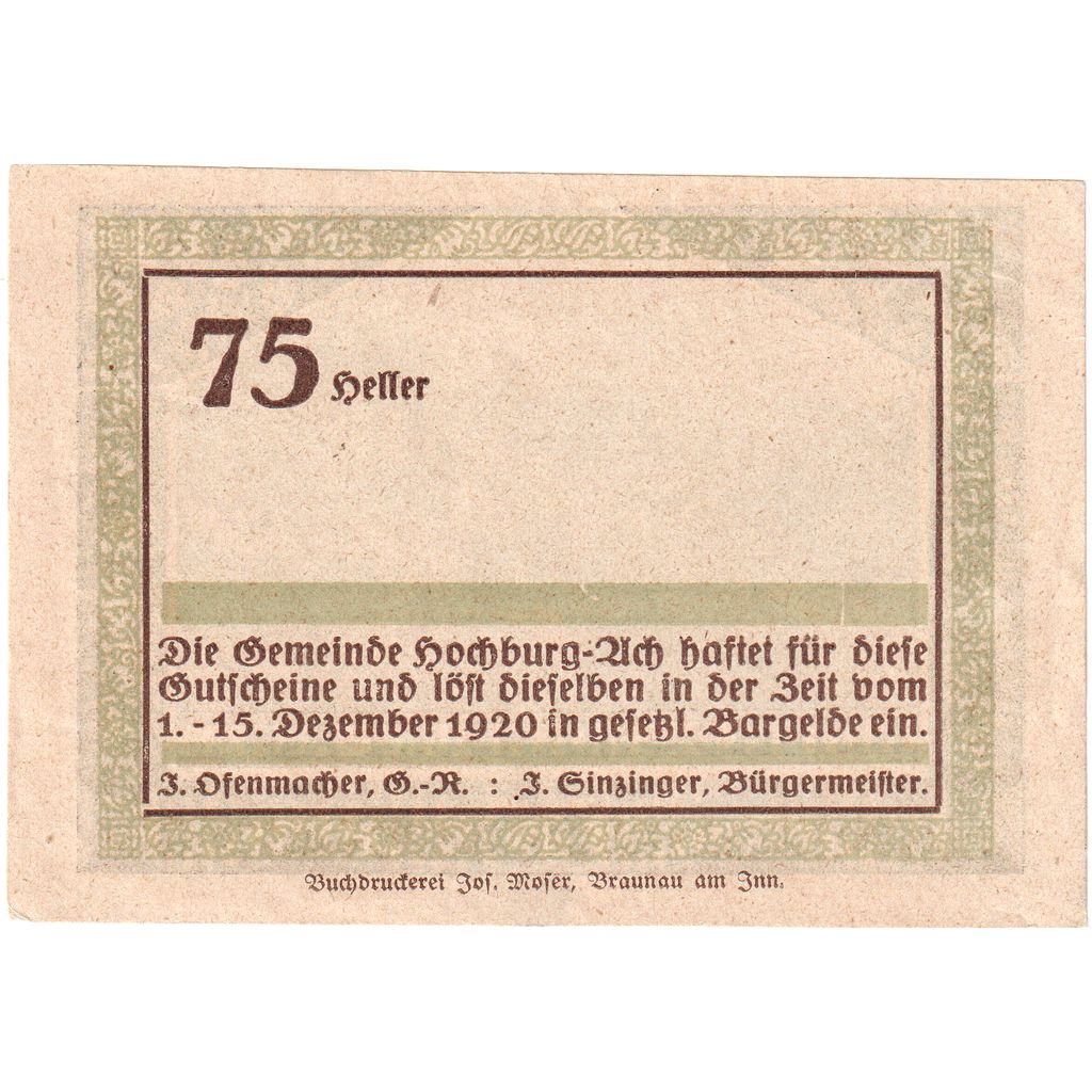 Österreich, Hochburg-Ach, 75 Heller, 1920-12-15, VZ+