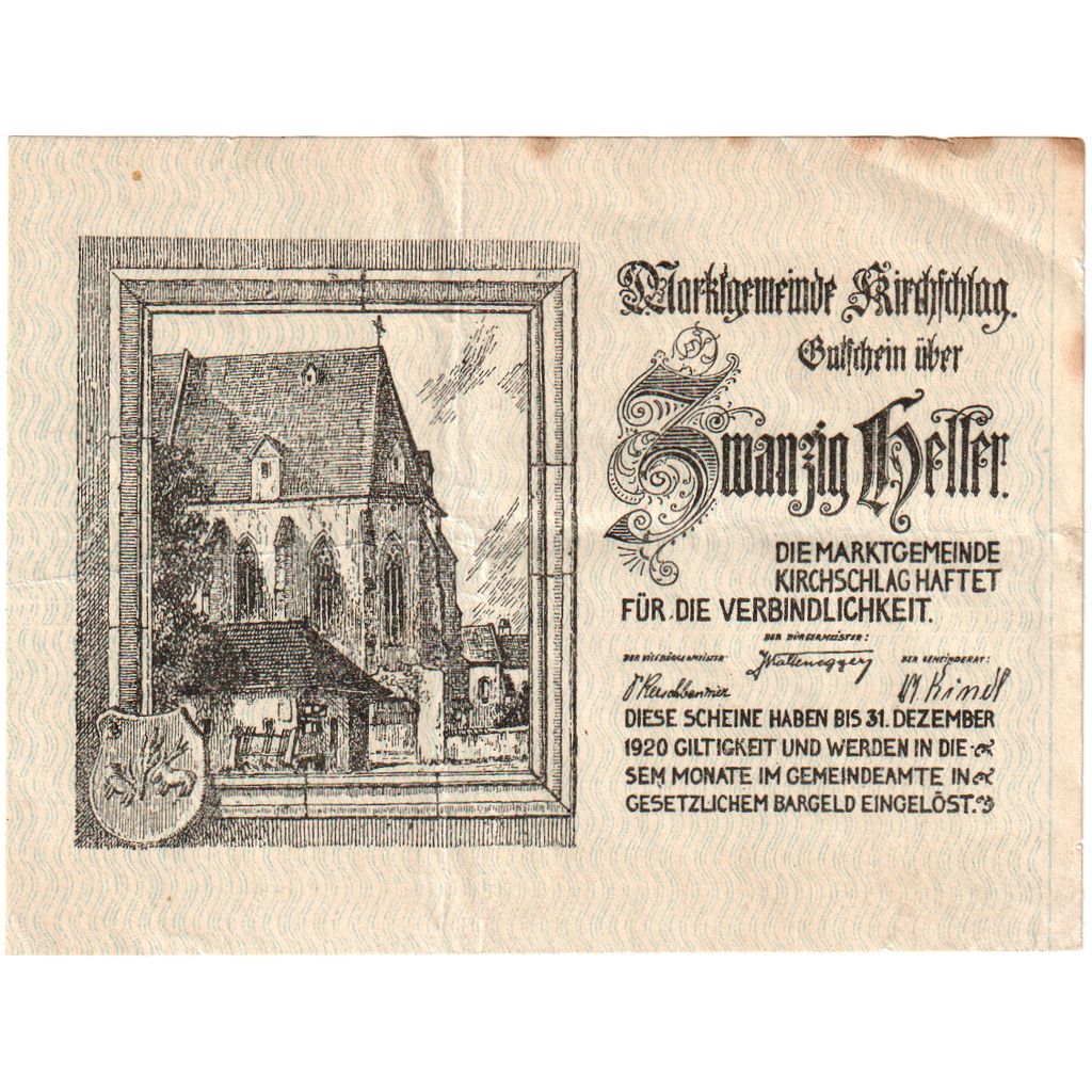 Österreich, Kirchschlag, 20 Heller, 1920-12-31, SS