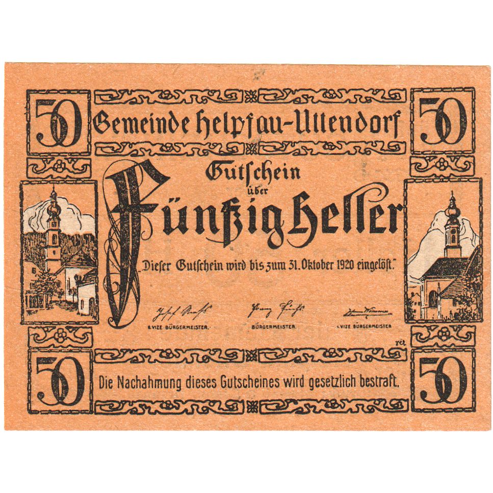 Austria, Helpfau-Uttendorf, 50 Heller, 1920-10-31, UNC(63)