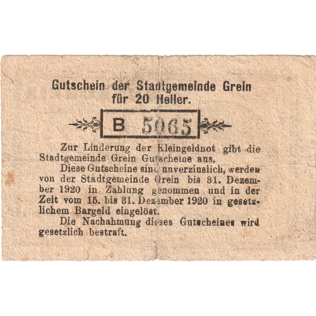 Österreich, Grein, 20 Heller, 1920-12-31, S