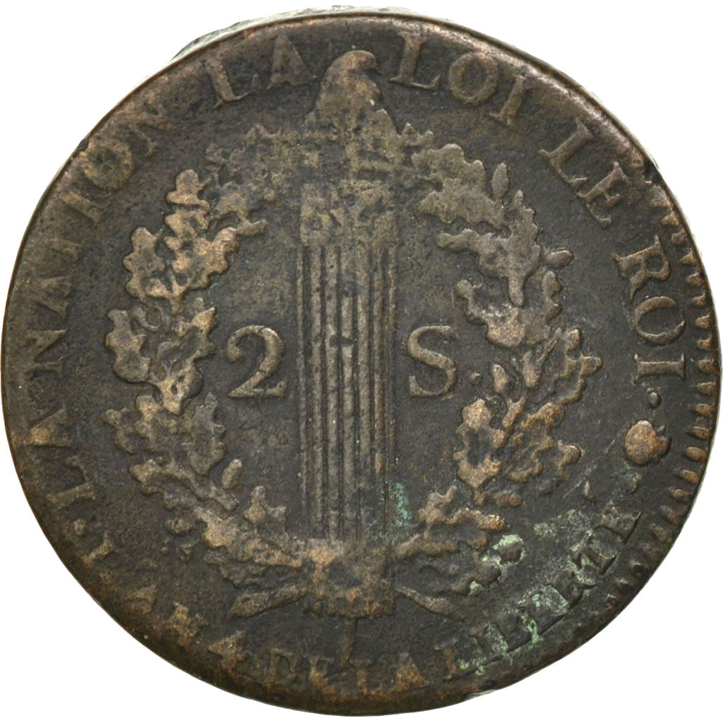 Moneta, Francia, 2 sols françois, 2 Sols, 1792, Rouen, MB+, Bronzo, KM:603.3