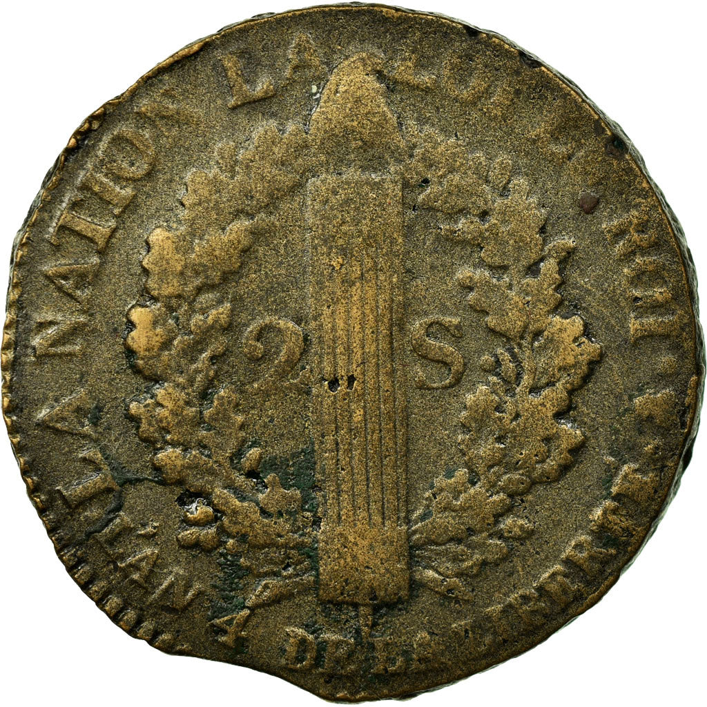 Moneda, Francia, 2 sols françois, 2 Sols, 1792, Paris, BC+, Bronce, KM:603.1