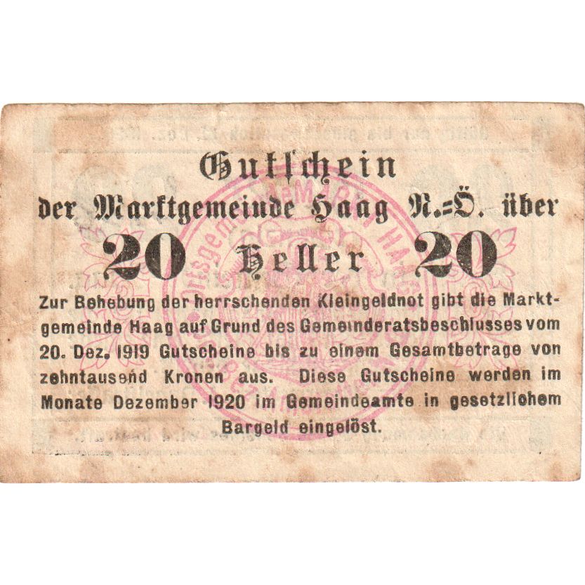 Austria, Haag, 20 Heller, 1919-12-20, VF(20-25)