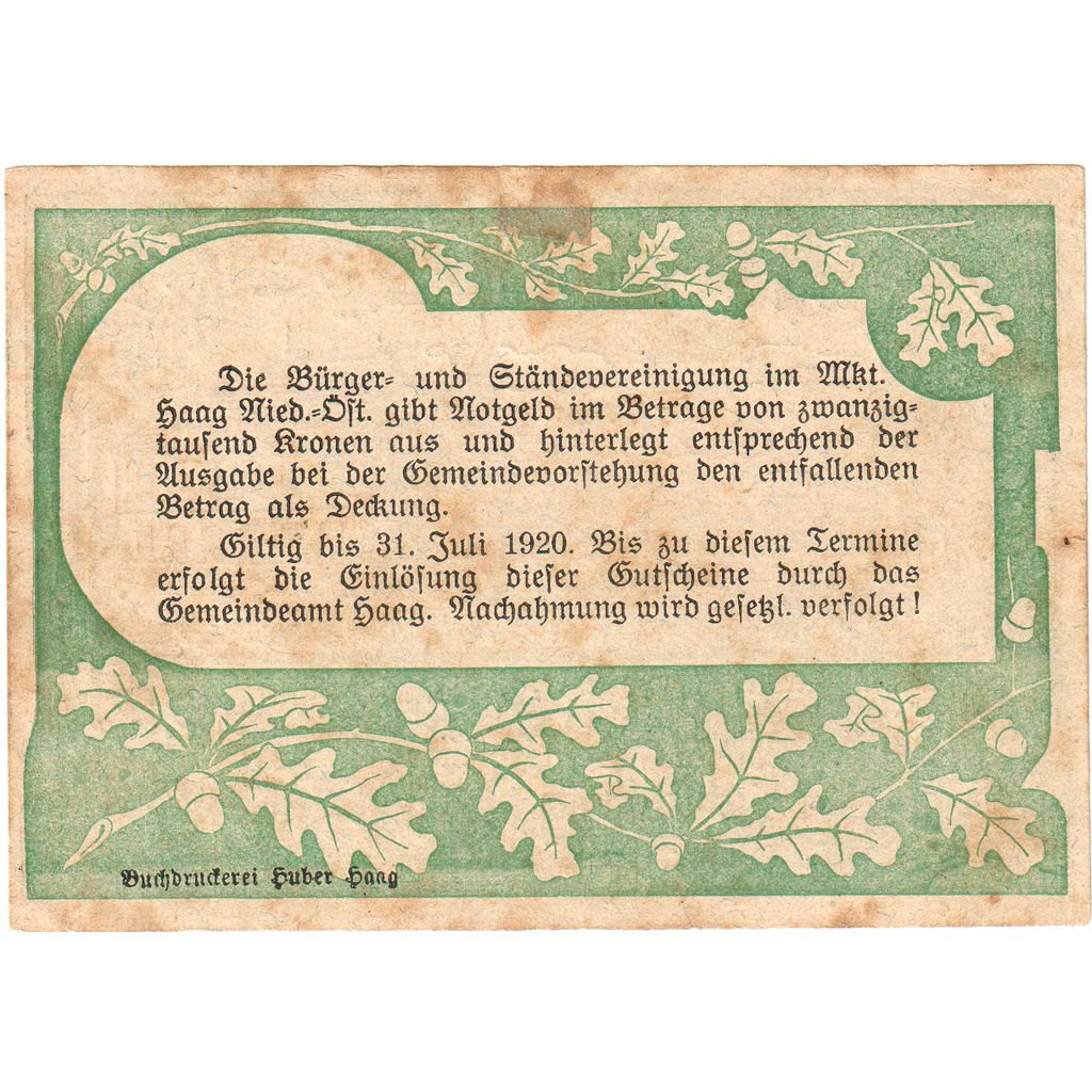 Österreich, Haag, 1 Krone, 1920-07-31, SS