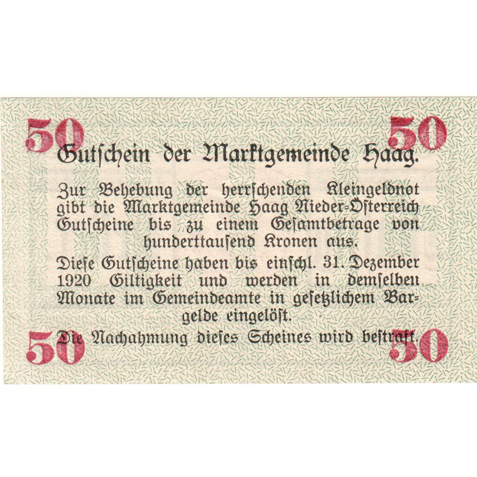 Österreich, Haag, 50 Heller, 1920-12-31, UNZ-