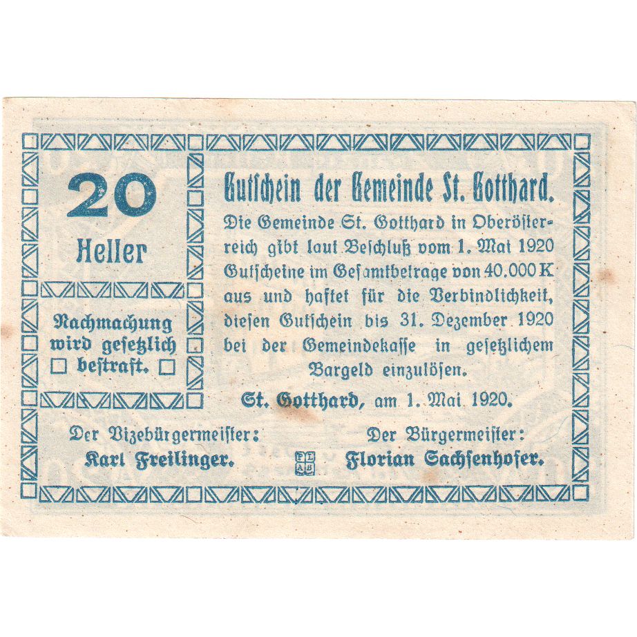 Österreich, St Gotthard, 20 Heller, 1920-12-31, UNZ-
