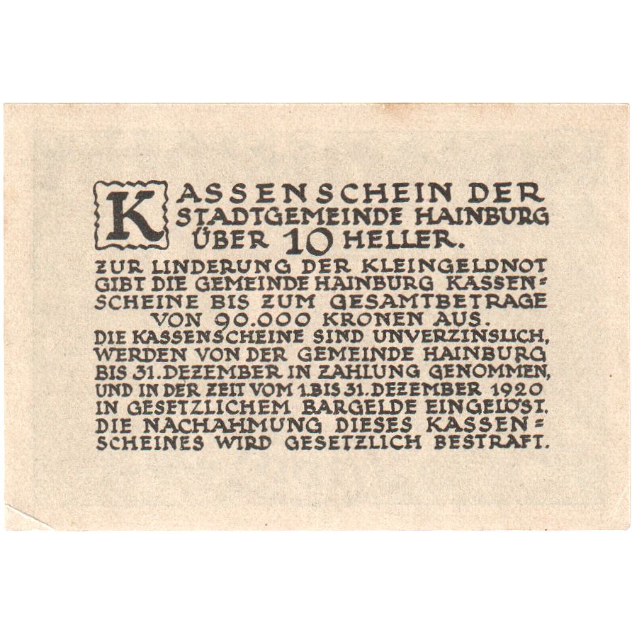 Österreich, Hainburg, 10 Heller, 1920-12-31, UNZ-