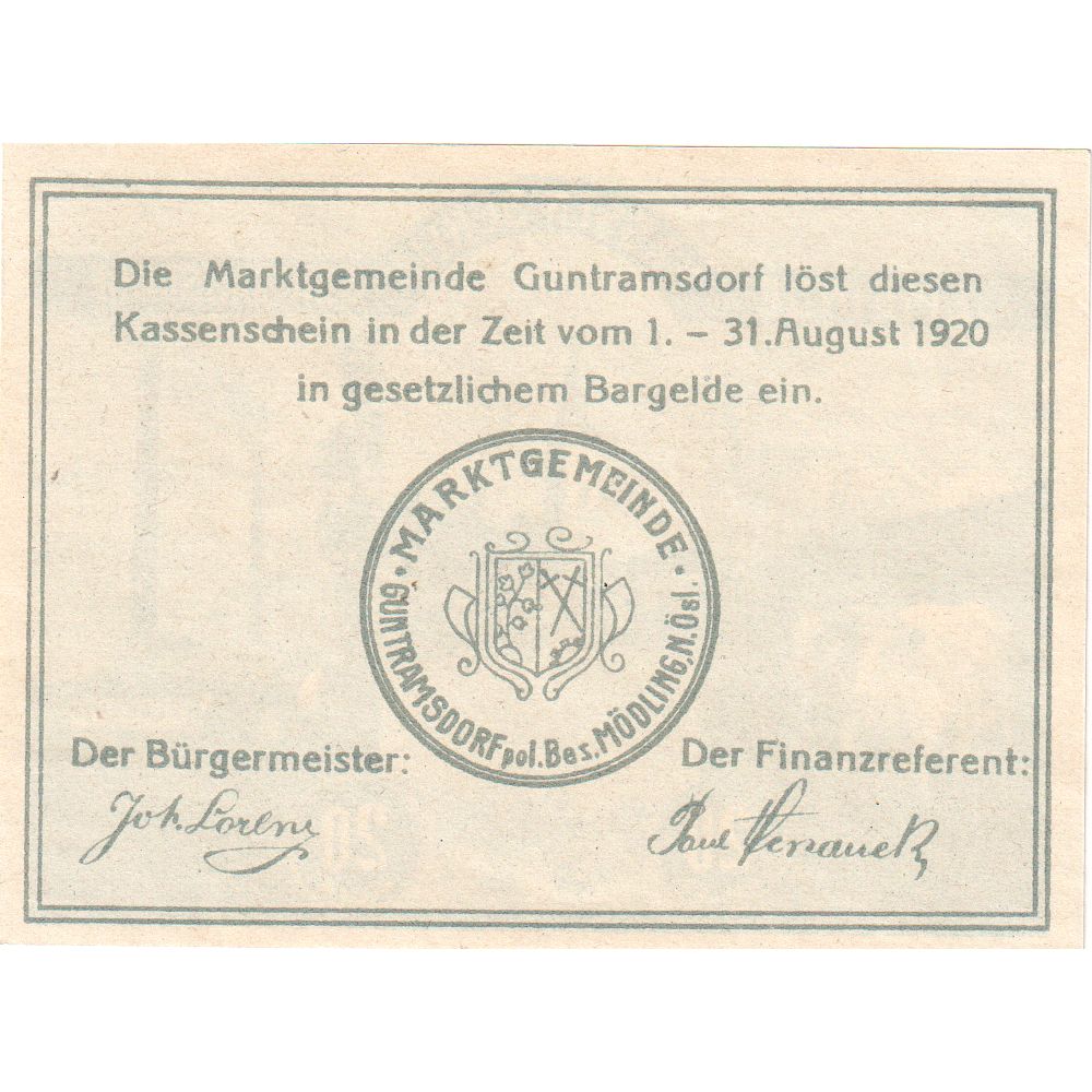 Áustria, Guntramsdorf, 20 Heller, 1920-08-31, UNC(63)