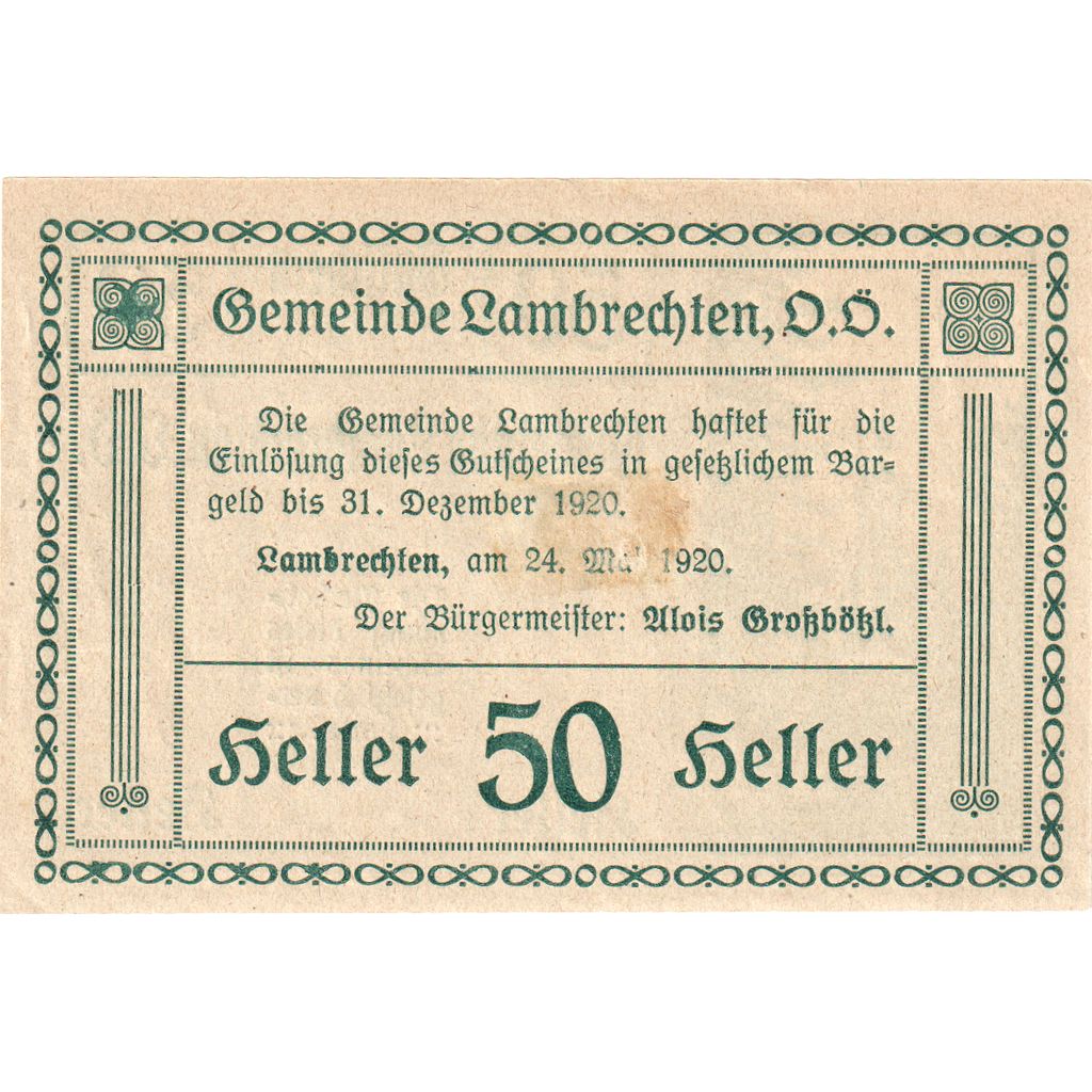 Áustria, Lambrechten, 50 Heller, 1920-12-31, UNC(63)