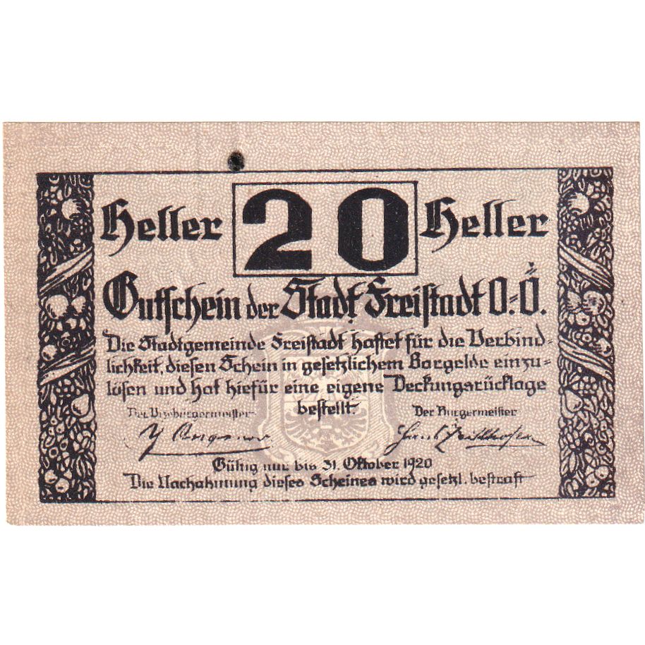 Áustria, Freistadt, 20 Heller, 1920-10-31, UNC(63)