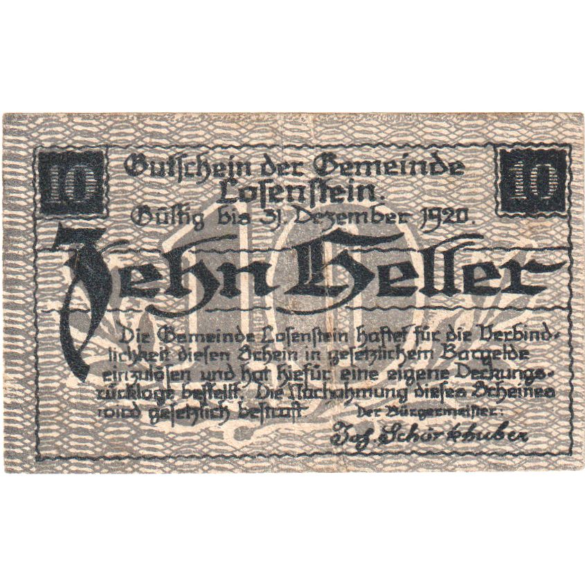 Autriche, Losenstein, 10 Heller, 1919-12-07, SPL
