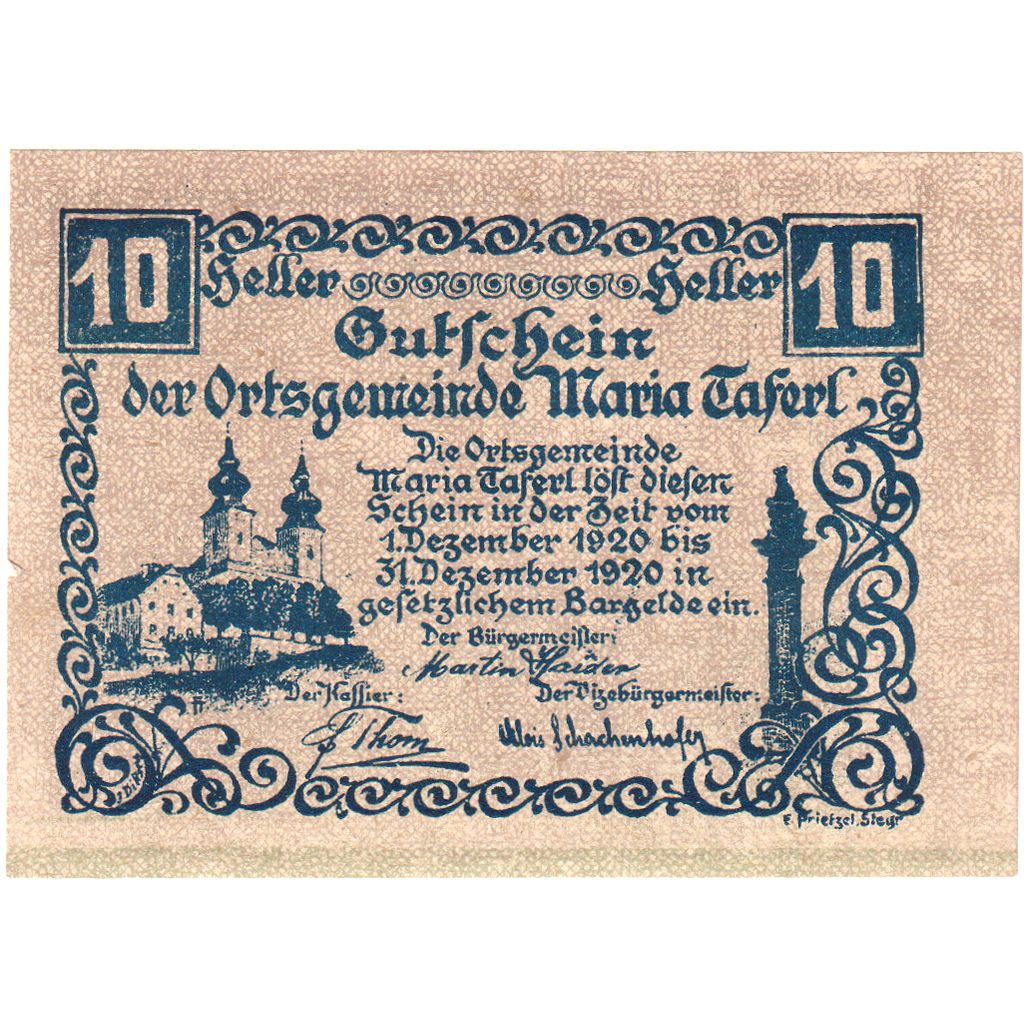 Áustria, Maria Taferl, 10 Heller, 1920-12-31, UNC(63)