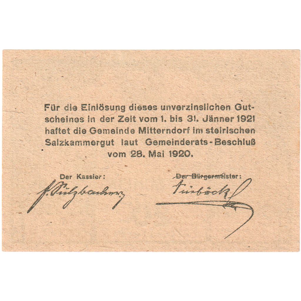 Austria, Mitterndorf, 20 Heller, 1920-12-31, UNC(63)