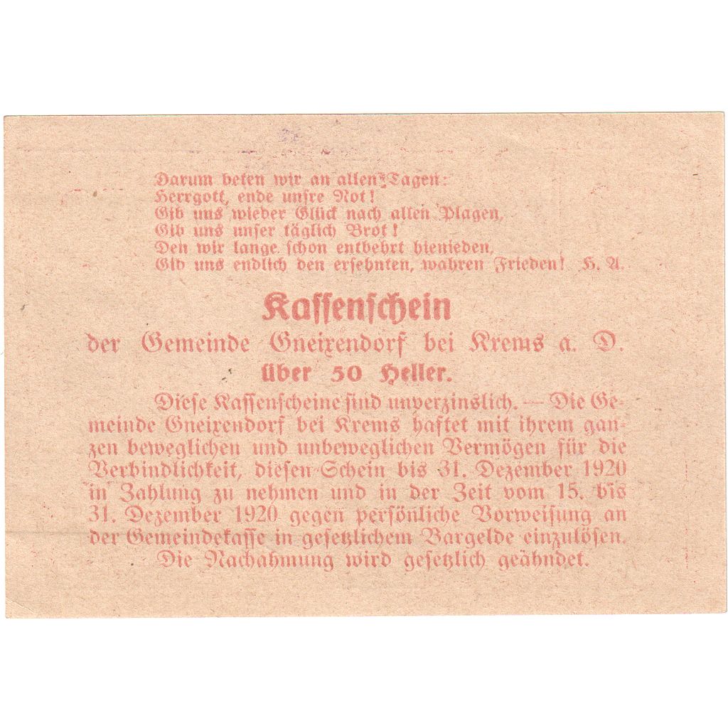 Austria, Gneixendorf, 50 Heller, 1920-12-31, AU(55-58)