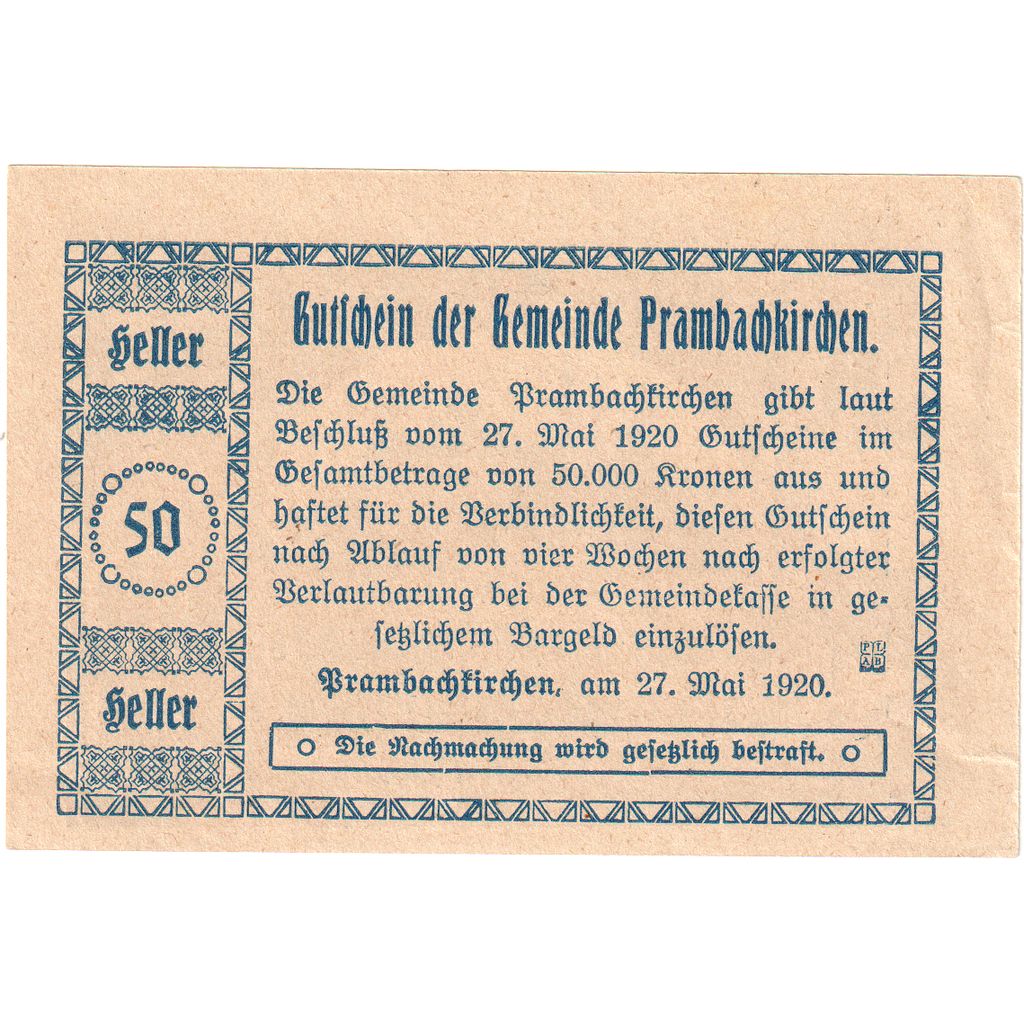 Österreich, Prambachkirchen, 50 Heller, UNZ-