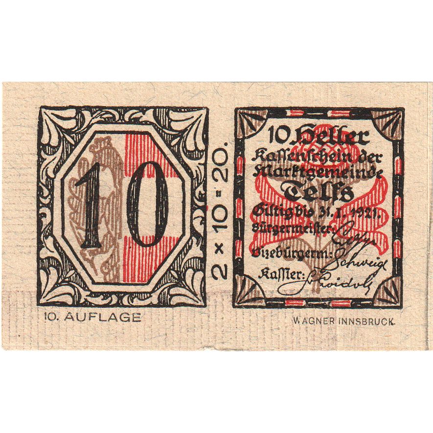Áustria, Telfs, 10 Heller, 1921-01-31, UNC(63)