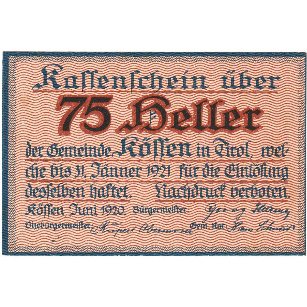Autriche, Kössen, 75 Heller, 1920-12-31, SPL