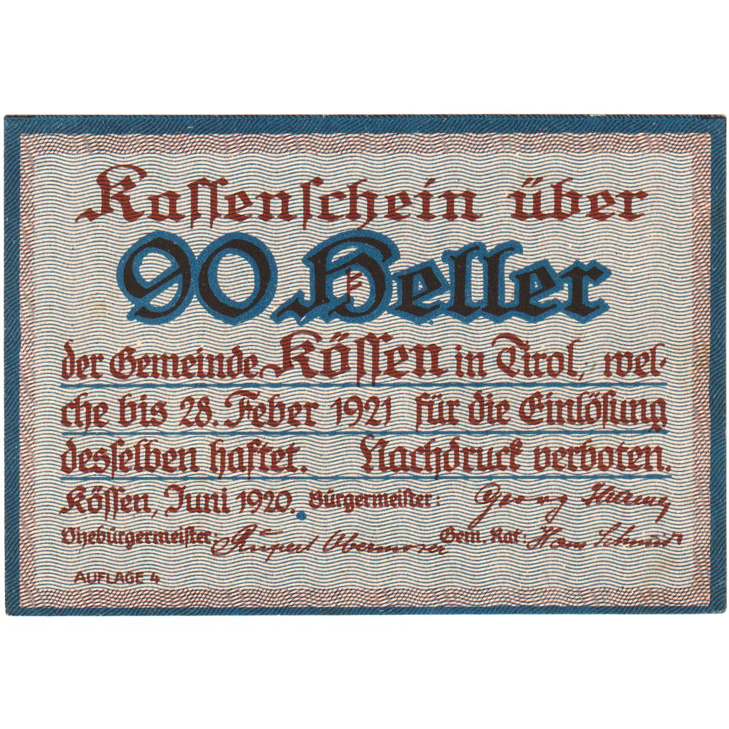 Austria, Kössen, 90 Heller, 1920-12-31, UNC(63)