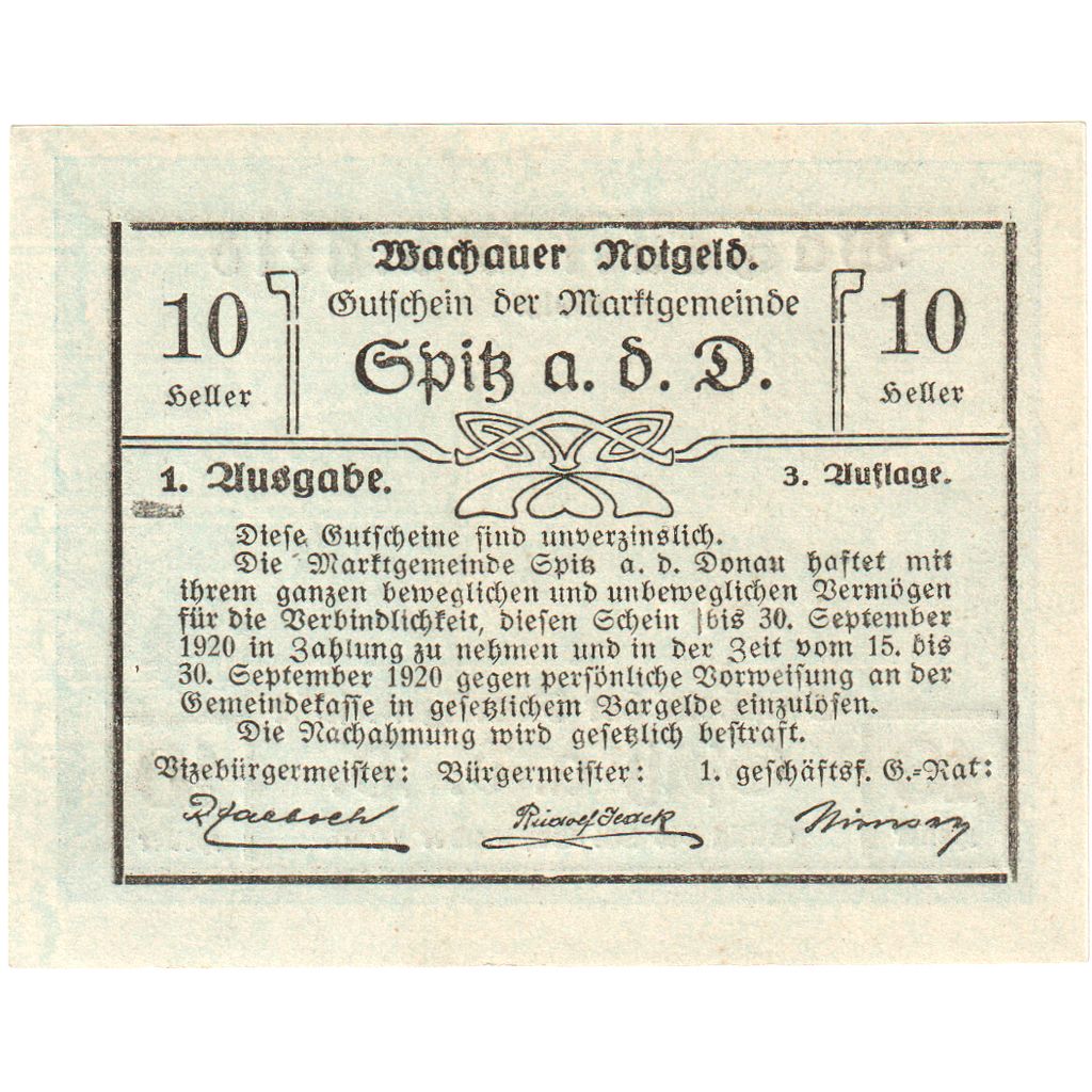 Áustria, Spitz an der Donau, 10 Heller, 1920-09-30, UNC(63)