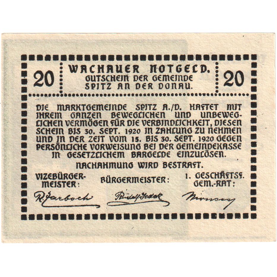 Áustria, Spitz an der Donau, 20 Heller, 1920-09-30, UNC(63)