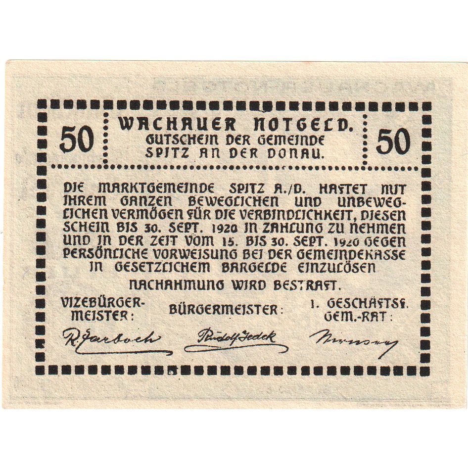 Austria, Spitz an der Donau, 50 Heller, 1920-09-30, UNC(63)