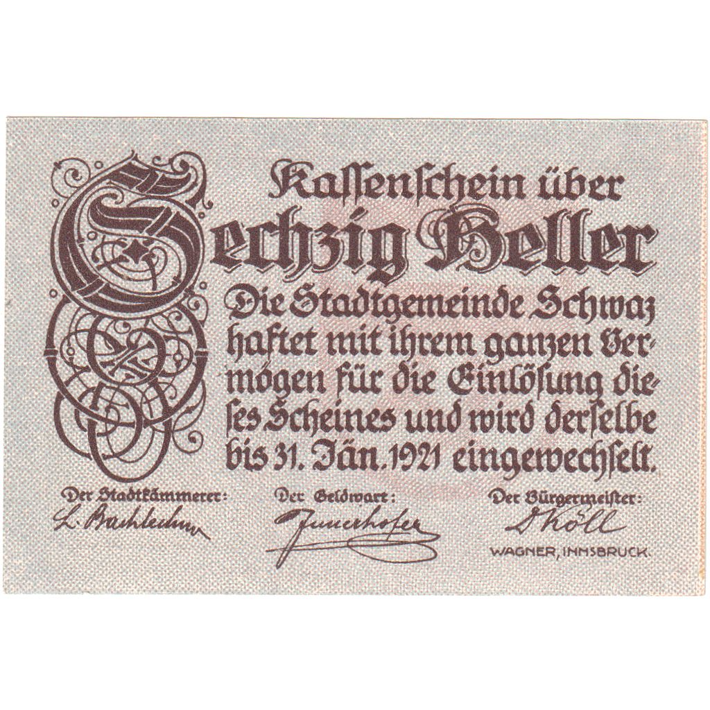 Áustria, Schwaz, 60 Heller, 1921-01-31, UNC(63)