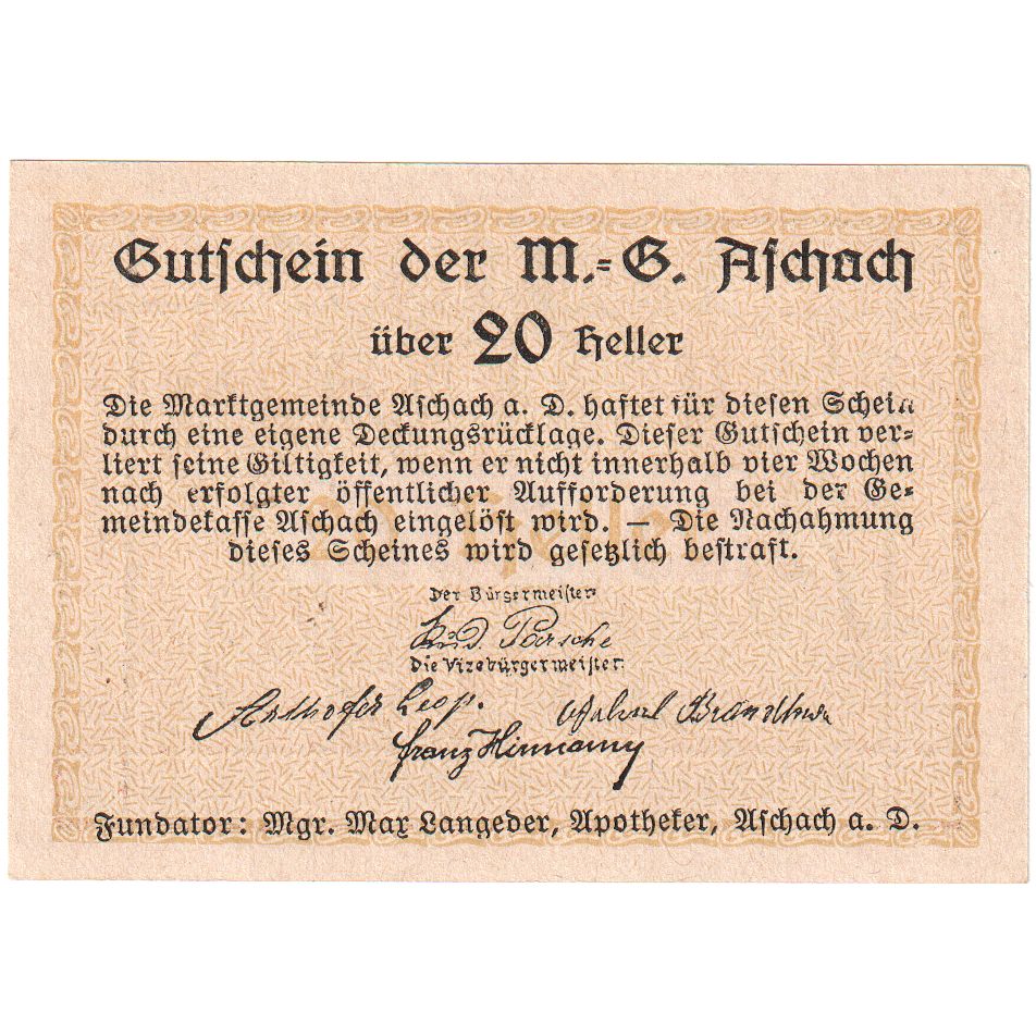 Österreich, Aschach an der Donau, 20 Heller, UNZ-