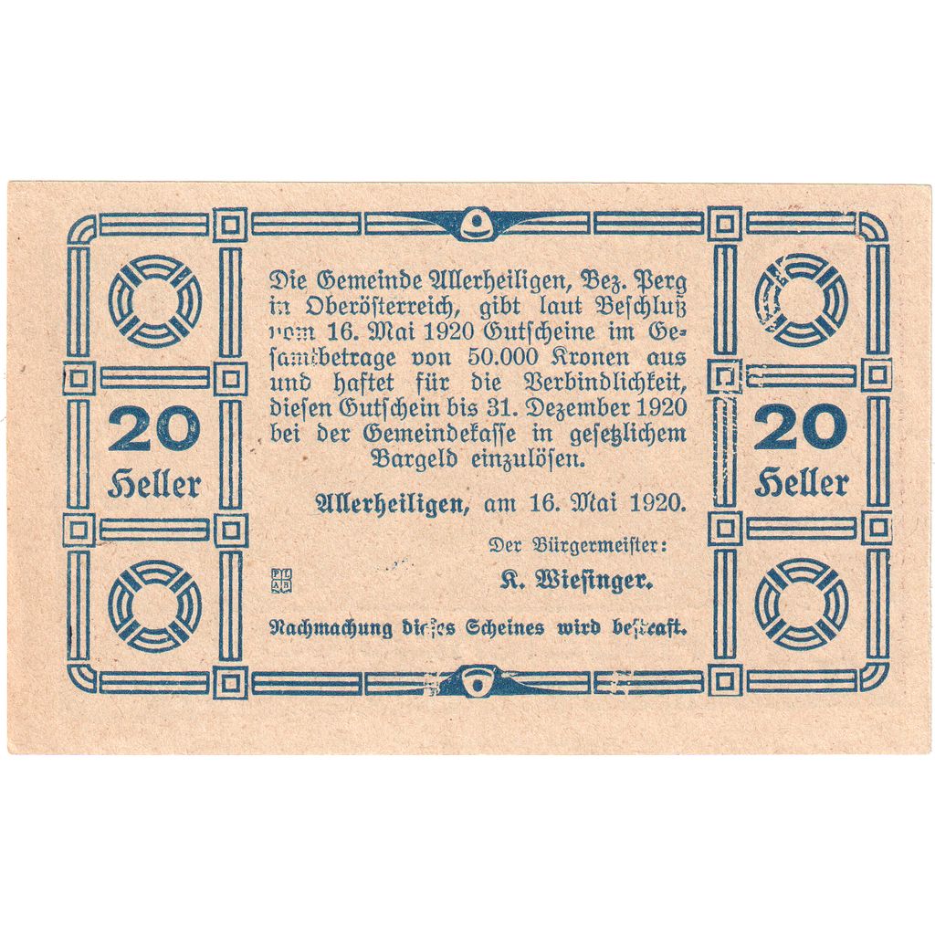 Österreich, Allerheiligen, 20 Heller, 1920-12-31, UNZ-