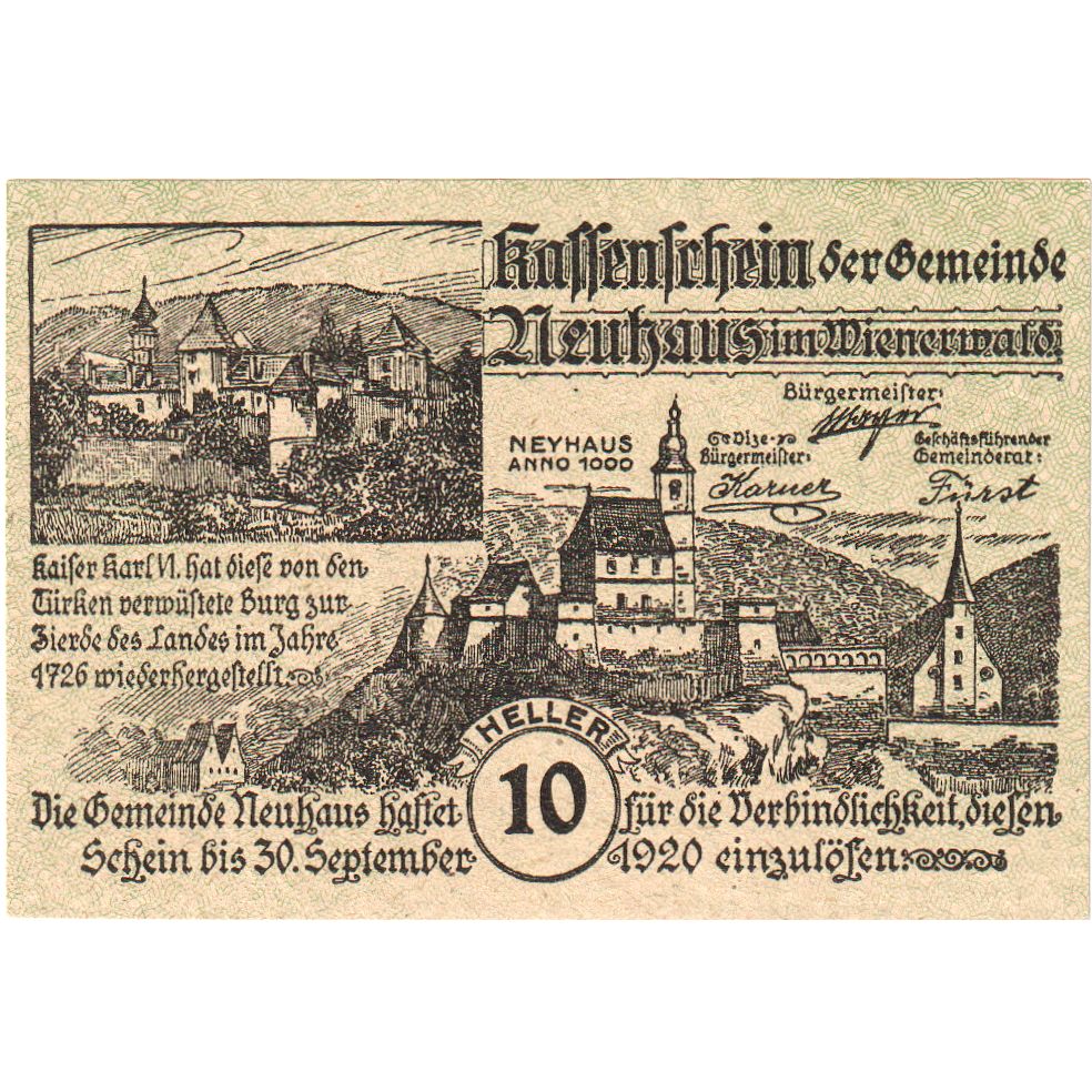 Áustria, Neuhaus, 10 Heller, 1920-09-30, UNC(63)