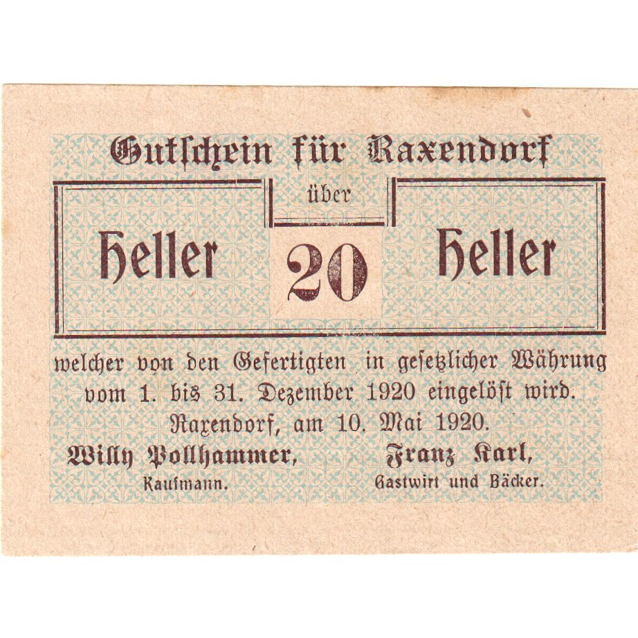 Österreich, Raxendorf, 20 Heller, 1920-12-31, SS