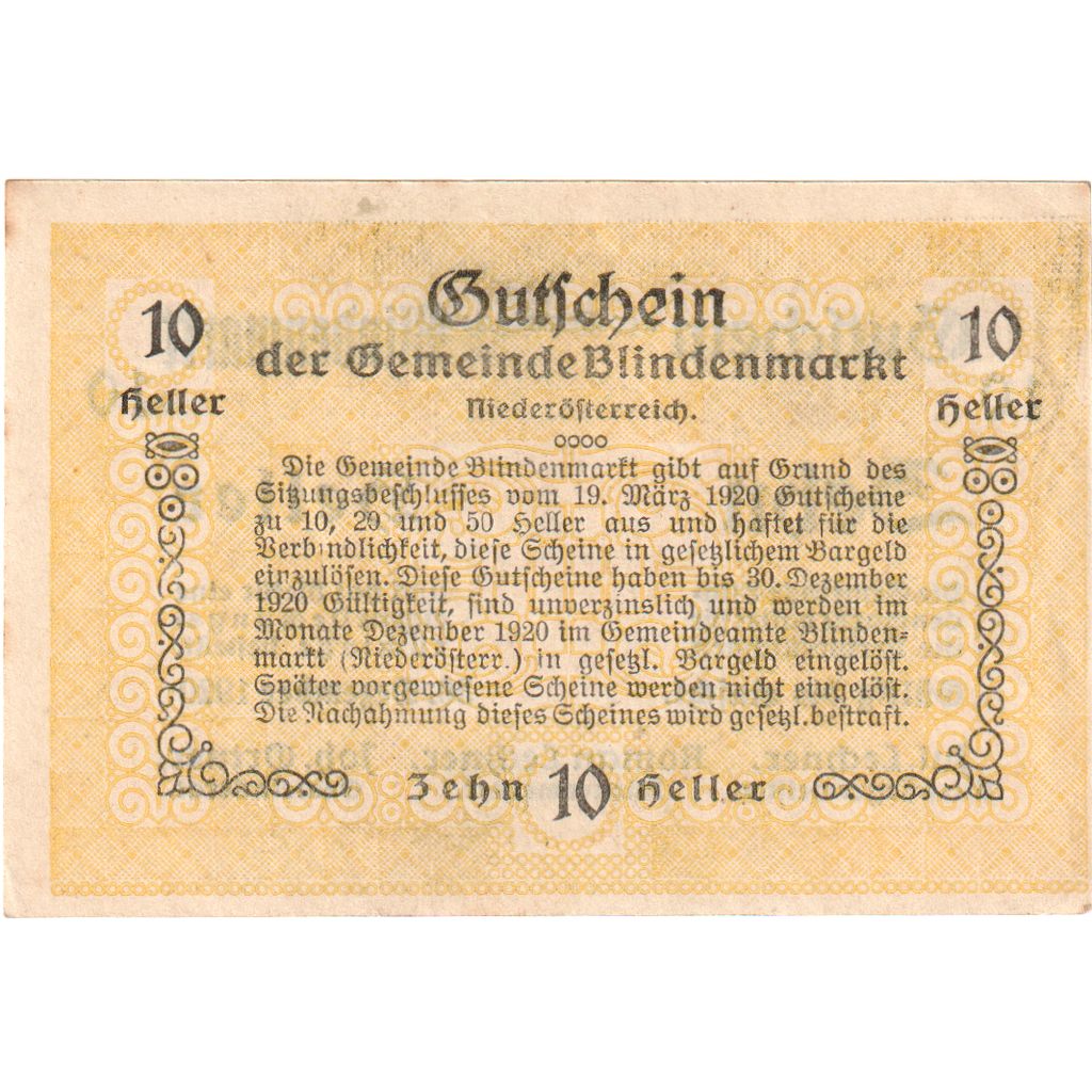 Österreich, Blindenmarkt, 10 Heller, 1920-12-31, VZ