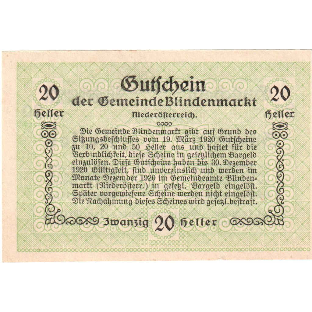 Österreich, Blindenmarkt, 20 Heller, 1920-12-31, UNZ-