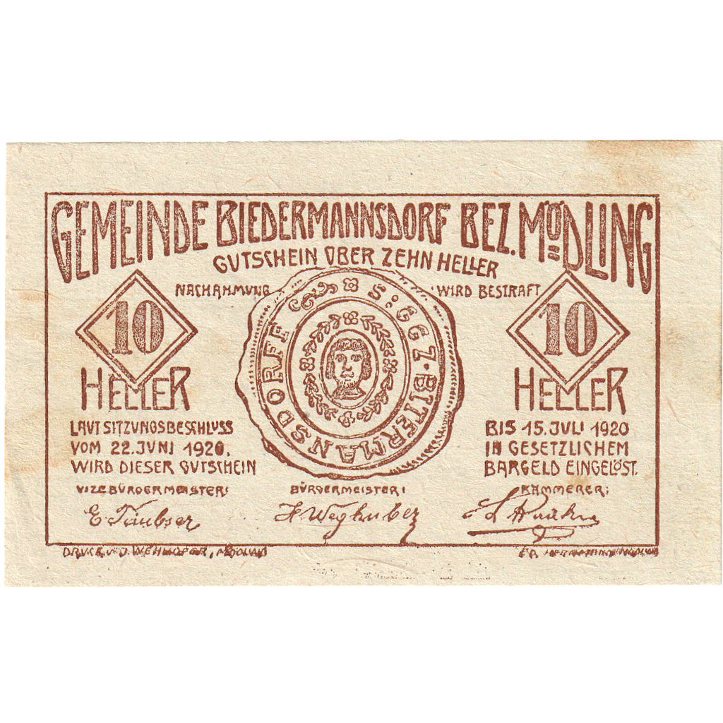 Österreich, Biedermannsdorf, 10 Heller, 1920-07-15, VZ