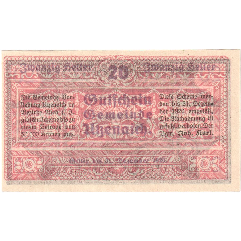 Austria, Utzenaich, 20 Heller, 1920-12-31, UNC(63)