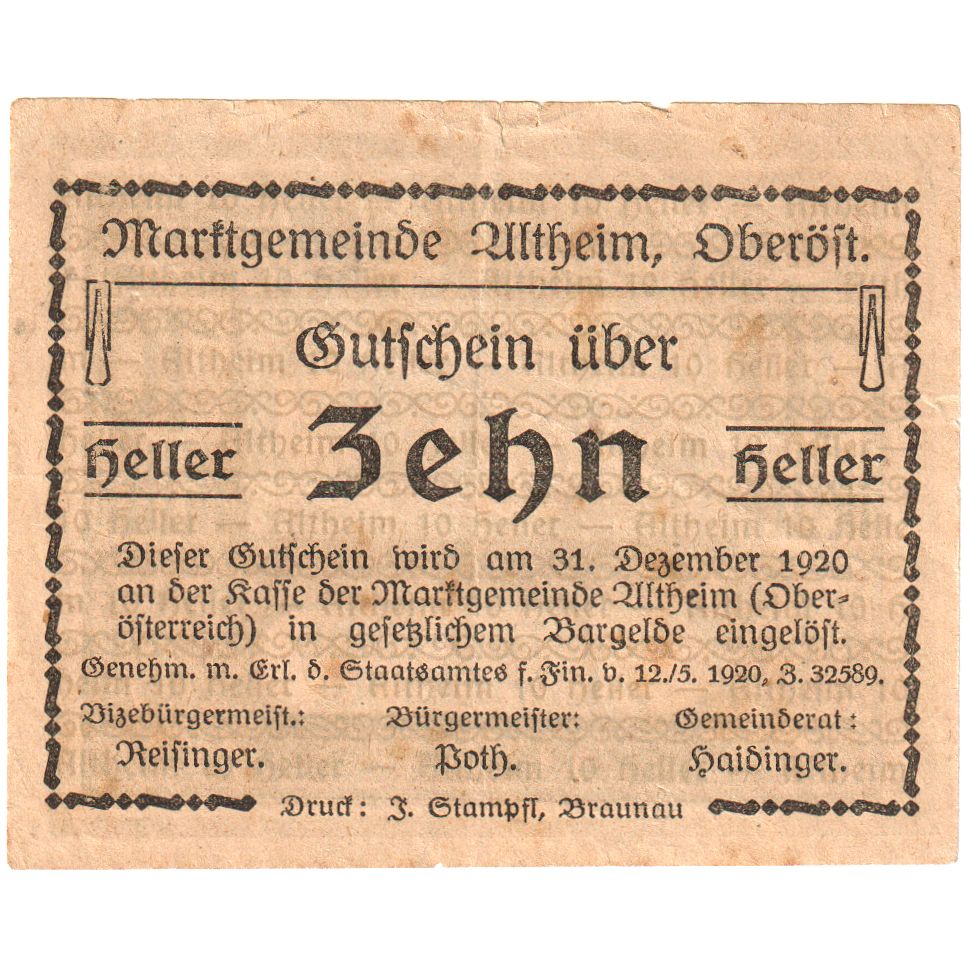 Österreich, Altheim, 10 Heller, 1920-12-31, S
