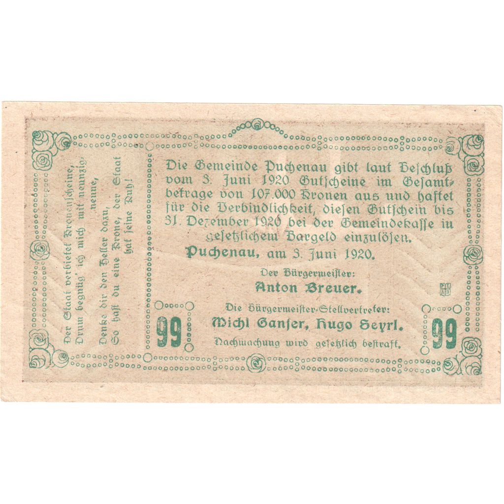 Österreich, Puchenau, 99 Heller, 1920-12-31, UNZ-