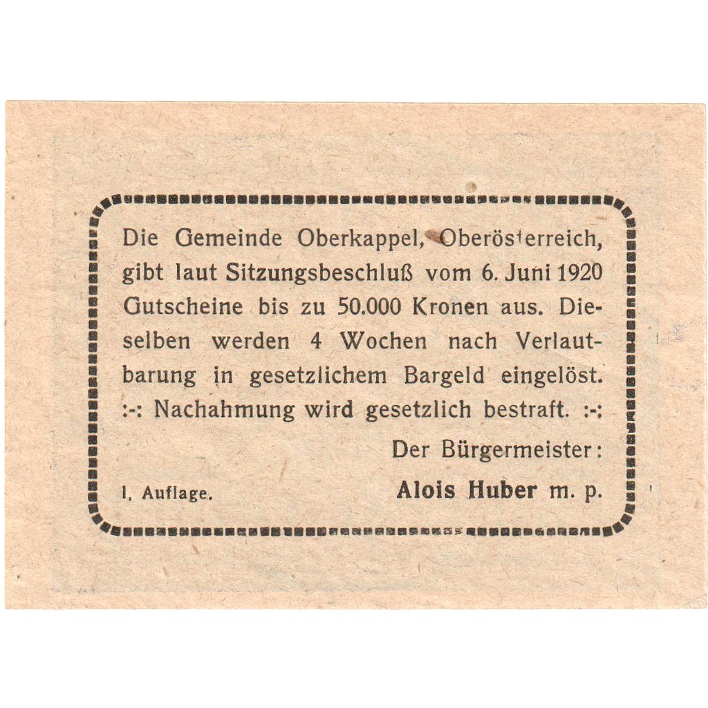 Österreich, Oberkappel, 50 Heller, UNZ-
