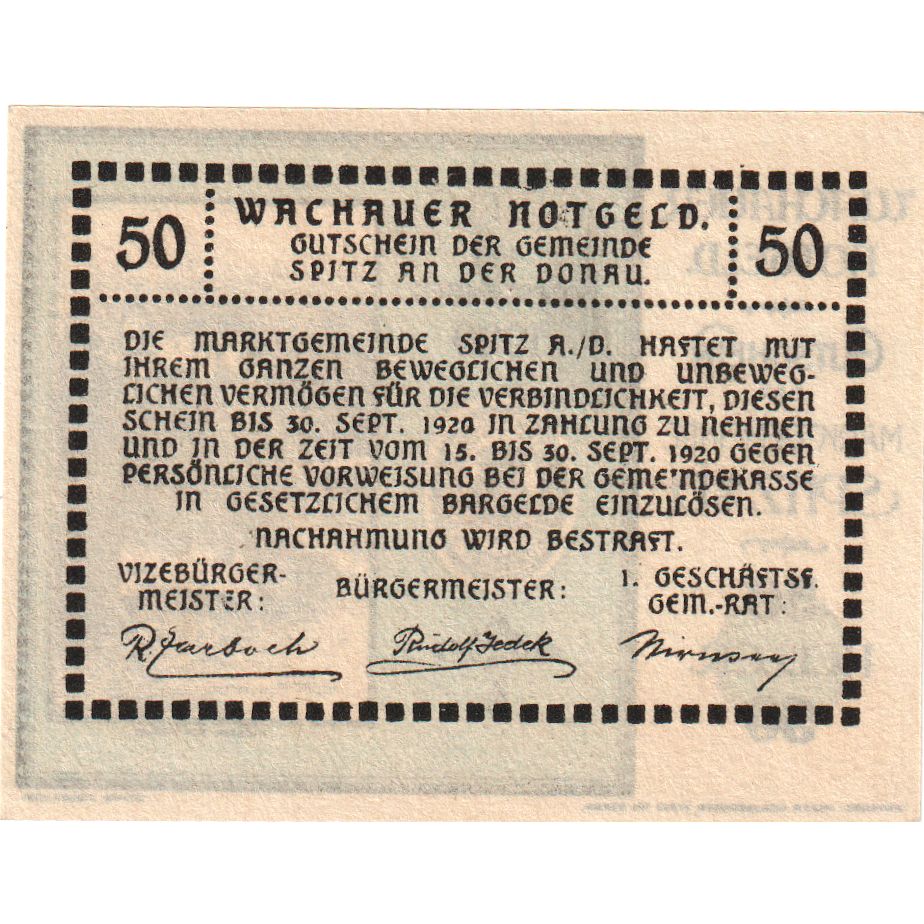 Austria, Spitz an der Donau, 50 Heller, 1920-12-15, UNC(63)
